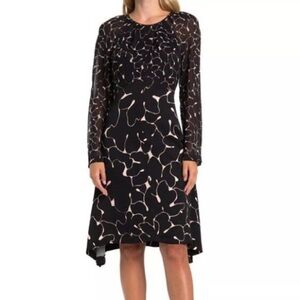 Club Monaco black & cream pattern long sleeve silk midi dress - size 4 (Small)